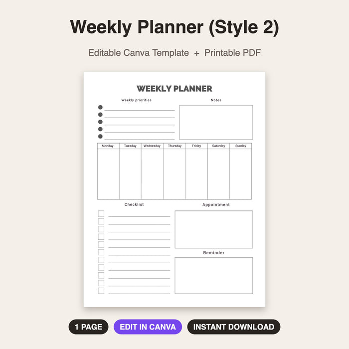 Weekly Planner (Style 2) | Editable Canva Template & Printable PDF
