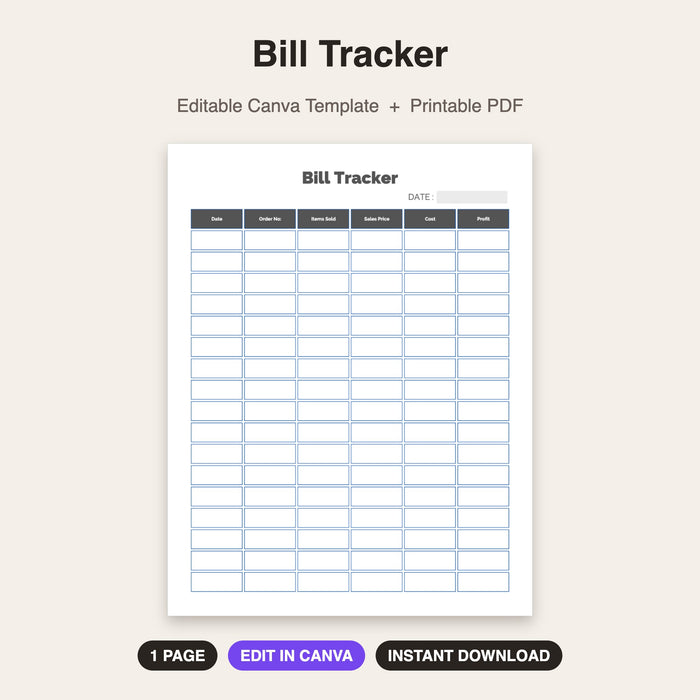 Bill Tracker | Editable Canva Template & Printable PDF
