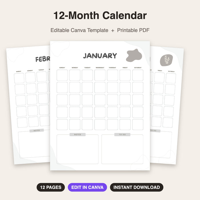 12-Month Calendar | Editable Canva Template & Printable PDF