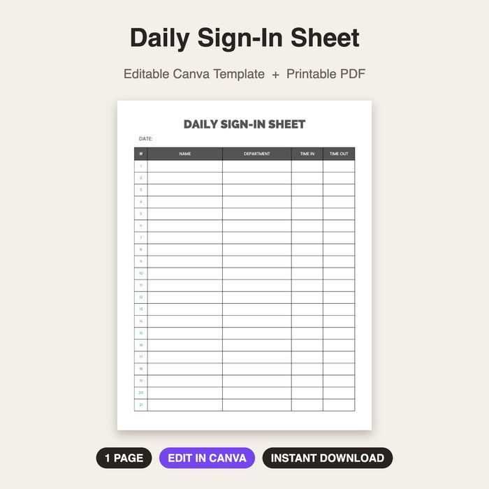 Daily Sign-In Sheet | Editable Canva Template & Printable PDF