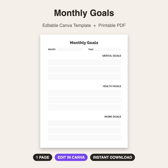 Monthly Goals | Editable Canva Template & Printable PDF