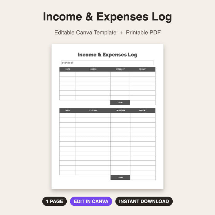 Income & Expenses Log | Editable Canva Template & Printable PDF