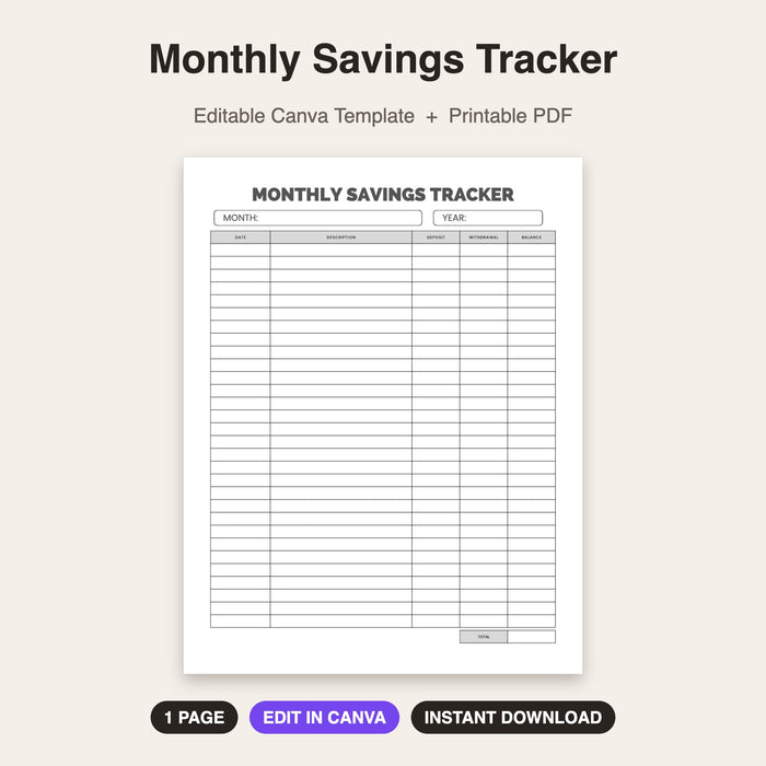Monthly Savings Tracker | Editable Canva Template & Printable PDF