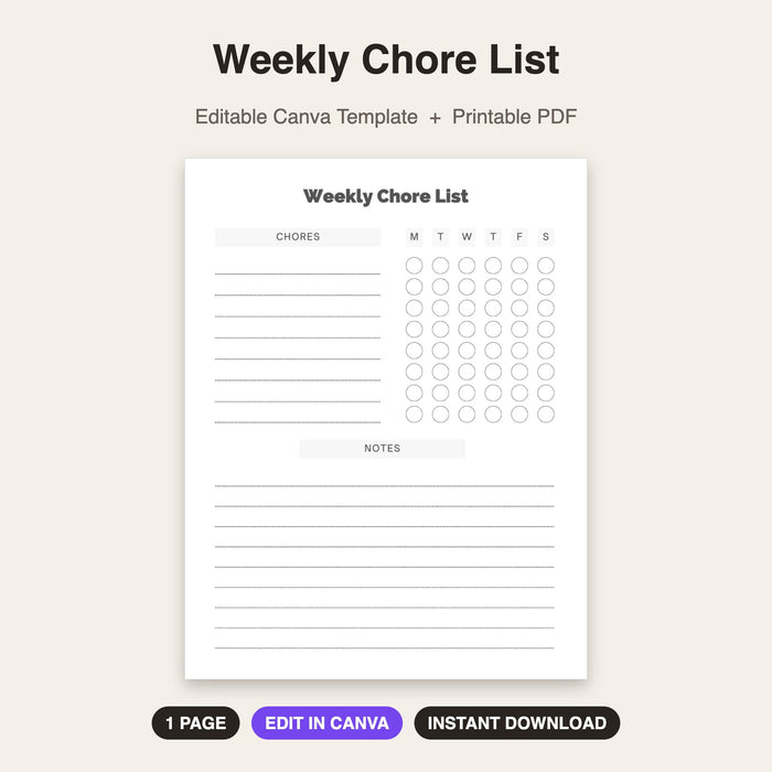 Weekly Chore List | Editable Canva Template & Printable PDF