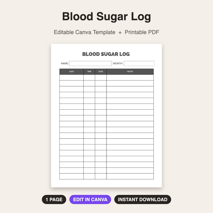 Blood Sugar Log | Editable Canva Template & Printable PDF