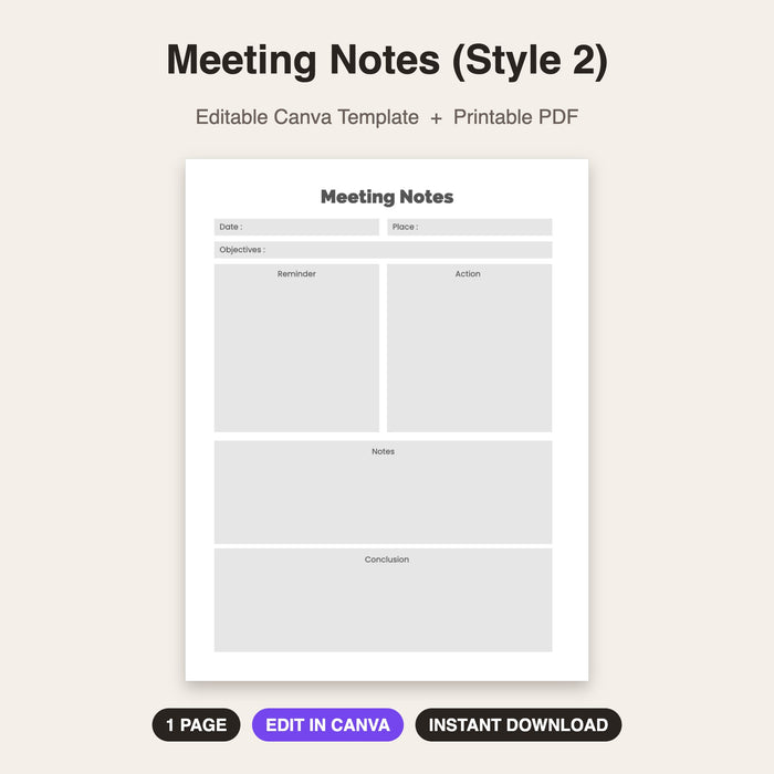 Meeting Notes (Style 2) | Editable Canva Template & Printable PDF