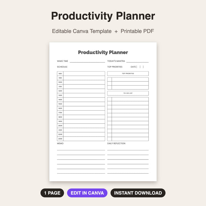 Productivity Planner | Editable Canva Template & Printable PDF