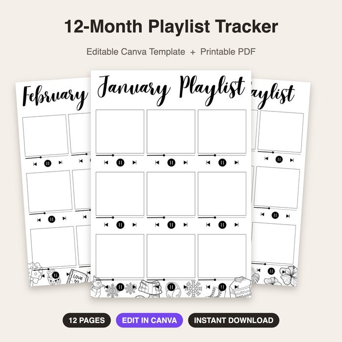 12-Month Playlist Tracker | Editable Canva Template & Printable PDF