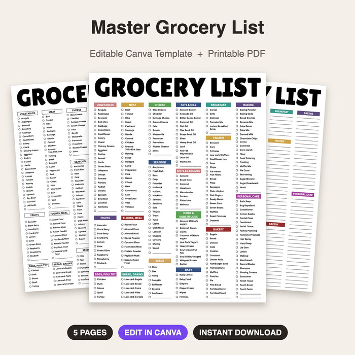 Master Grocery List | Editable Canva Template & Printable PDF