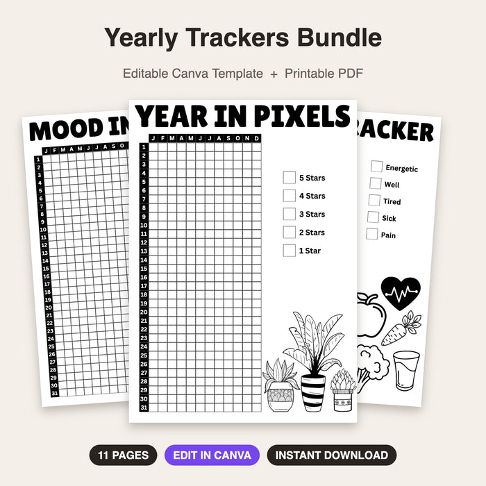 Yearly Trackers Bundle | Editable Canva Template & Printable PDF