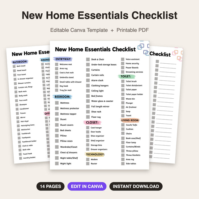 New Home Essentials Checklist | Editable Canva Template & Printable PDF