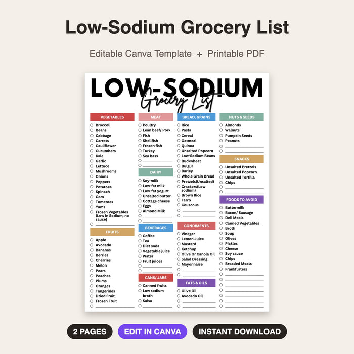 Low-Sodium Grocery List | Editable Canva Template & Printable PDF