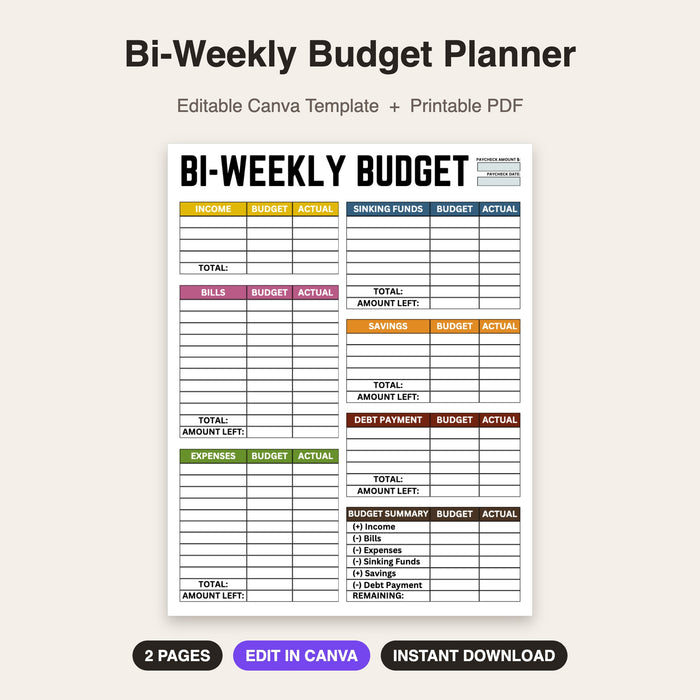 Bi-Weekly Budget Planner | Editable Canva Template & Printable PDF