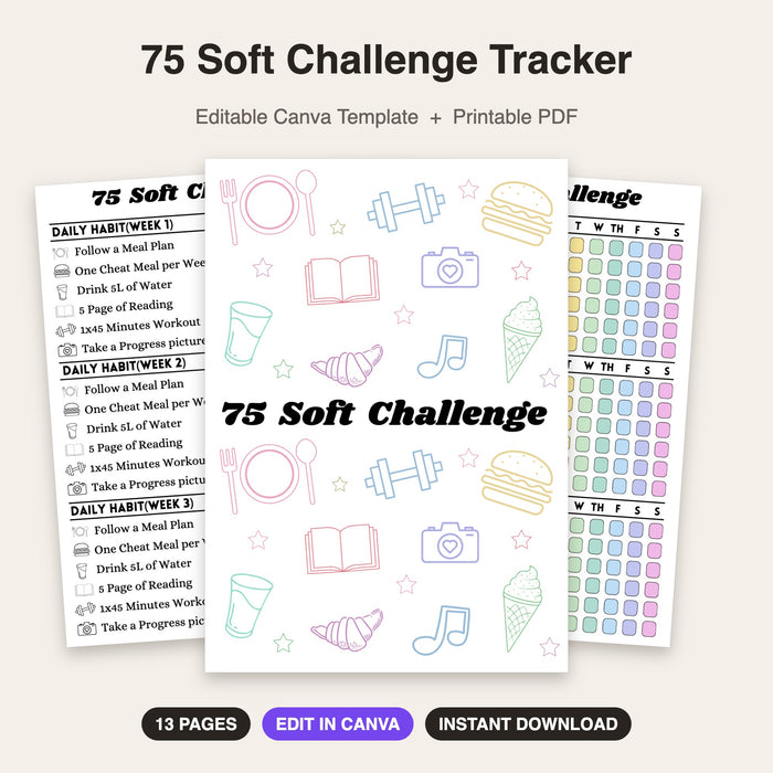 75 Soft Challenge Tracker (Style 2) | Editable Canva Template & Printable PDF