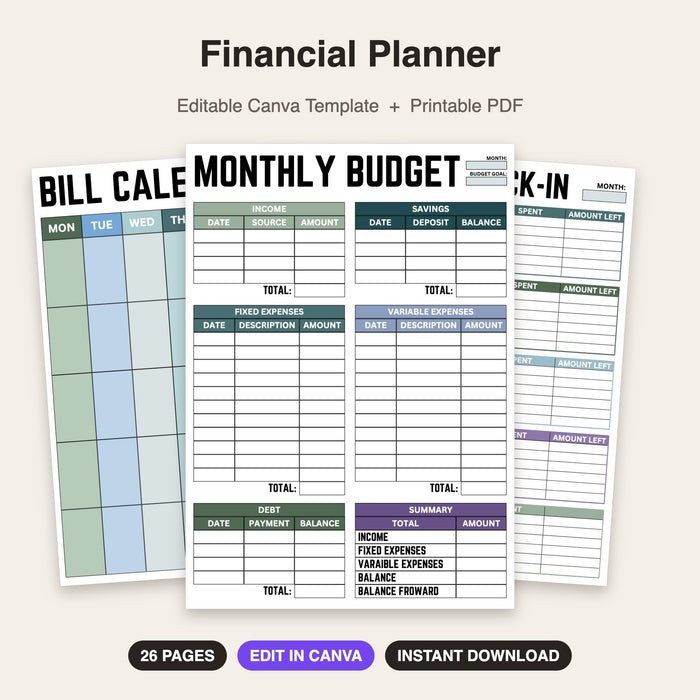 Financial Planner (Style 2) | Editable Canva Template & Printable PDF