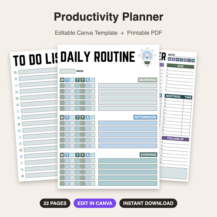 Productivity Planner (Style 2) | Editable Canva Template & Printable PDF