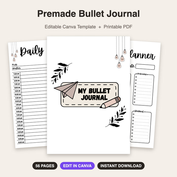 Premade Bullet Journal | Editable Canva Template & Printable PDF
