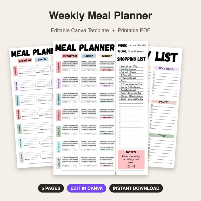 Weekly Meal Planner (Style 2) | Editable Canva Template & Printable PDF