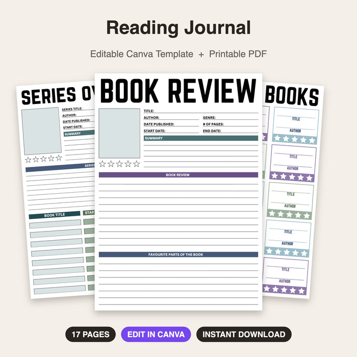 Reading Journal | Editable Canva Template & Printable PDF