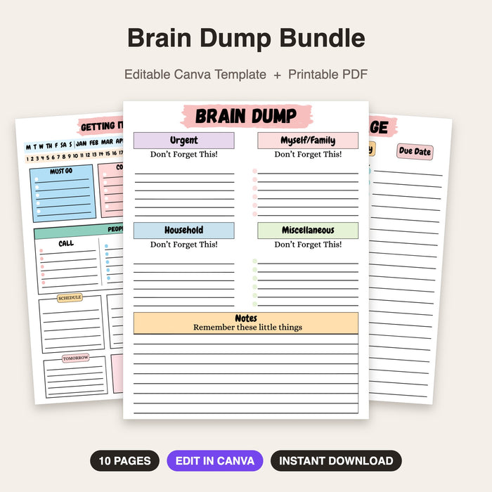 Brain Dump Bundle (Style 2) | Editable Canva Template & Printable PDF