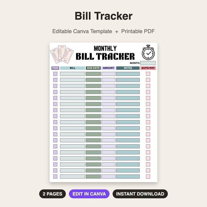 Bill Tracker (Style 2) | Editable Canva Template & Printable PDF
