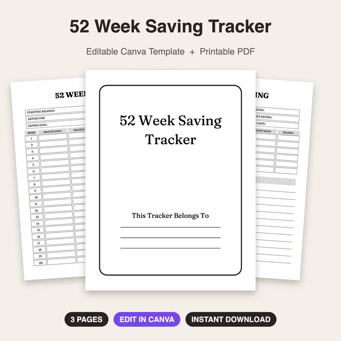 52 Week Saving Tracker | Editable Canva Template & Printable PDF