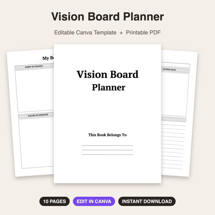 Vision Board Planner | Editable Canva Template & Printable PDF