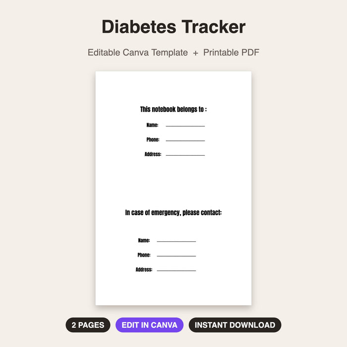Diabetes Tracker | Editable Canva Template & Printable PDF