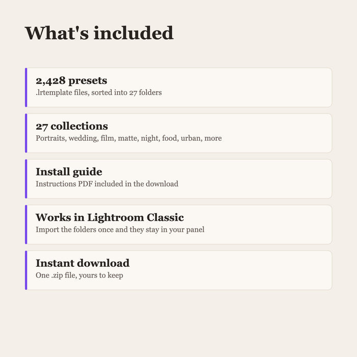 What is included in the Lightroom preset bundle