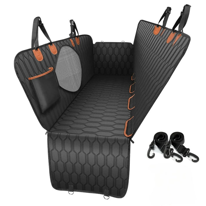 Pet backseat hammock with mesh viewing panel and seat belt