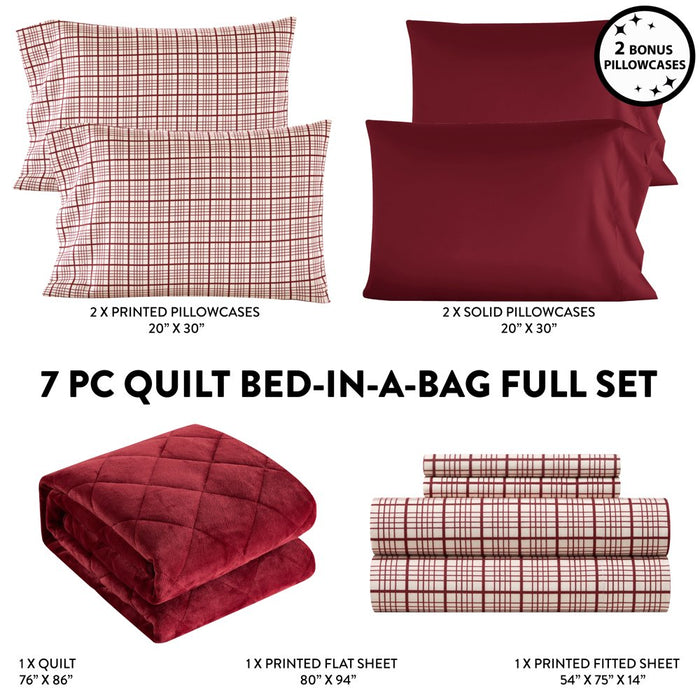 Dearfoams Burgundy Velvet Plush 7 Piece Quilt Bedding Set with Flannel Sheets, Full