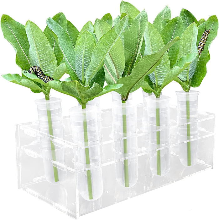 Floral Tubes Kit with Rack for Milkweed, Monarch Caterpillars Milkweed Tubes, Milkweed Cutting Feeding with Stable Acrylic Holder, 50ML Floral Vials for Butterfly Caterpillars Supplies