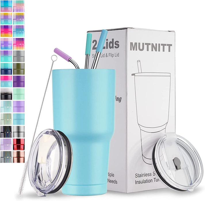 30 Oz Tumbler with Lids and Straws,18/8 Stainless Steel Vacuum Insulated Coffee Tumbler,Insulated Travel Mug Water Cup with Leak-Proof Straw Lid & Flip Lid,3 Metal Straws,1 Cleaning Brush & Gift Box