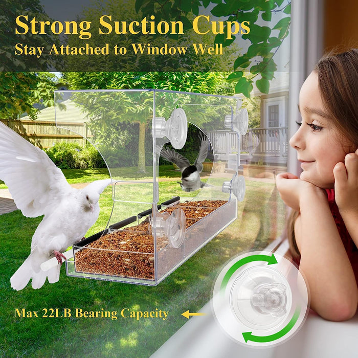Window Bird Feeder, Window Bird Feeders with Strong Suction Cups for Outside, Height Adjustable to 9.5 Inch, Removable Tray with 4 Compartments, Easy Clean and Fill, Clear Acrylic Bird House