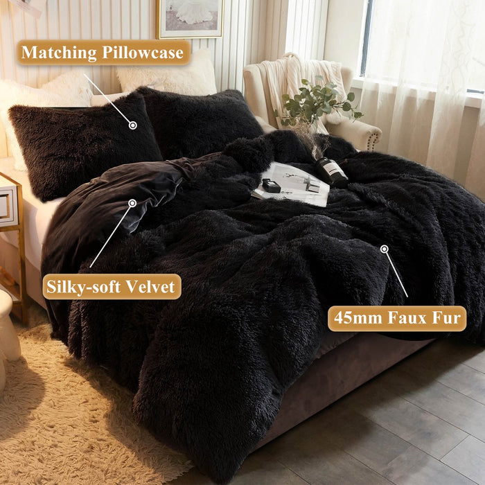 3 Pieces Furry Plush Duvet Cover Set, Black Faux Fur Comforter Cover Set, Luxury Soft Velvet Fuzzy Fluffy Bedding Set, Shaggy Duvet Cover with 2 Pillow Covers, Zipper Closure, Queen Size, Black