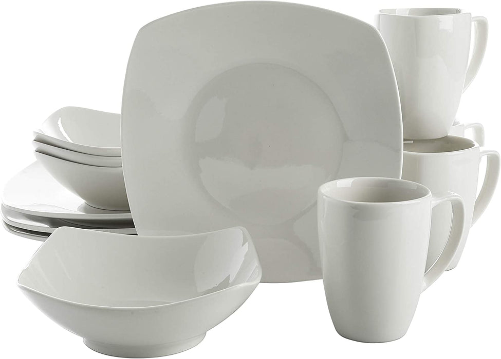 Gibson Home Amelia Court Porcelain Dinnerware Set, Service for 4 (12Pcs), White (Soft Square)