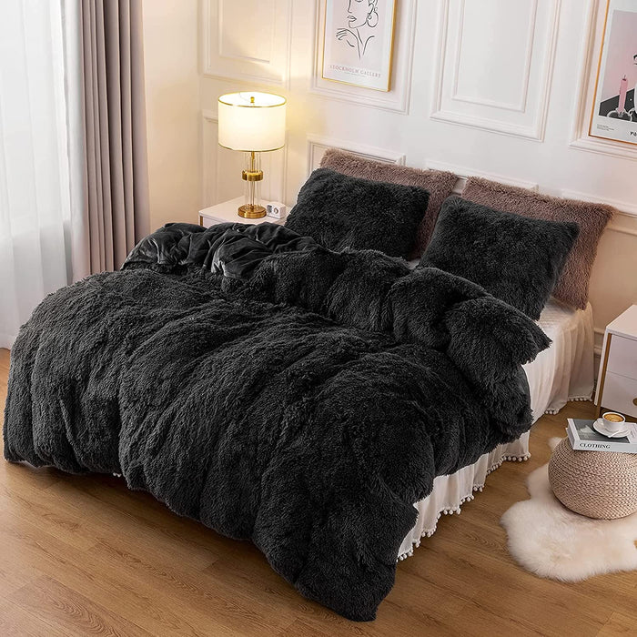 Plush Fluffy Duvet Cover Oeko-Tex Certified Luxury Ultra Soft Shaggy Crystal Velvet Bedding Set 3 Pieces(1 Duvet Cover + 2 Pillow Shams) Zipper Closure(Queen, Black)
