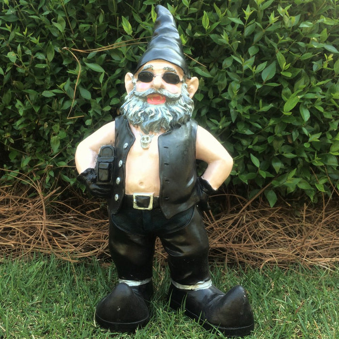 Homestyles "Biker Dude" the Biker Gnome in Leather Motorcycle Riding Gear Holding His Saddlebag Home & Garden Large Outdoor Statue 14.5"H