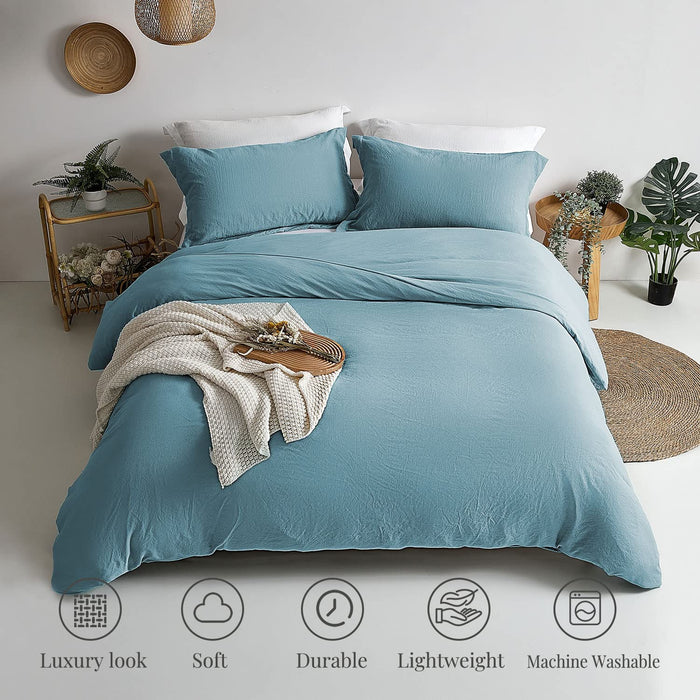 Duvet Cover Queen Size - Super Soft Grayish Blue Duvet Cover Set 3 Piece 100% Washed Microfiber Bedding Set with Zipper Closure, 1 Comforter Cover 90X90 Inches and 2 Pillow Shams