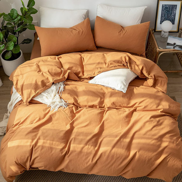 Bedding Duvet Cover Set 100% Washed Cotton Linen like Textured Breathable Durable Soft Comfy (Burnt Orange, Queen)