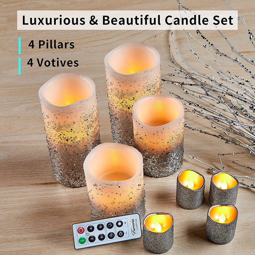 Furora LIGHTING LED Flameless Candles with Remote – Battery-Operated Flameless Candles Bulk Set of 8 Fake Candles – Small Flameless Candles & Christmas Centerpieces for Tables, Silver Glittery