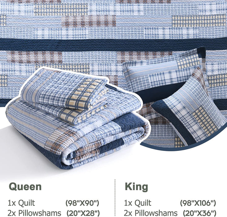 Quilt Queen Size 100% Cotton Queen Size Quilts Blue Beige White Bedspreads Plaid Quilts Lightweight Soft Breathable Bedding Sets for All Season, 3 Piece
