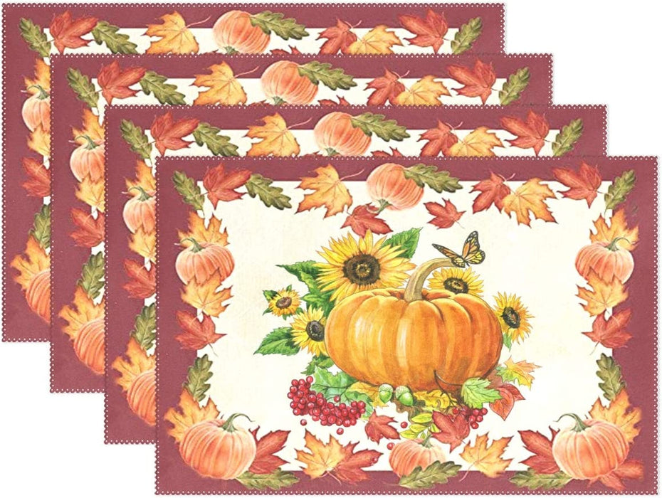 Pfrewn Autumn Scarecrow Pumpkin Sunflower Placemat Set of 4 Table Mat Fall Maple Leaf Birds Flower Place Mat Placemat 12" X 18" Dining Home Kitchen Table Decoration
