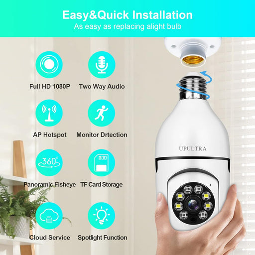 Security Wireless Camera Wifi 1080P Smart for Home Surveillance Screw into the E27 Socket Spotlight Alarm Color Night Vision Two-Way Talk Motion Alarm PTZ 360 Degree(2Packs with 64 SD Cards