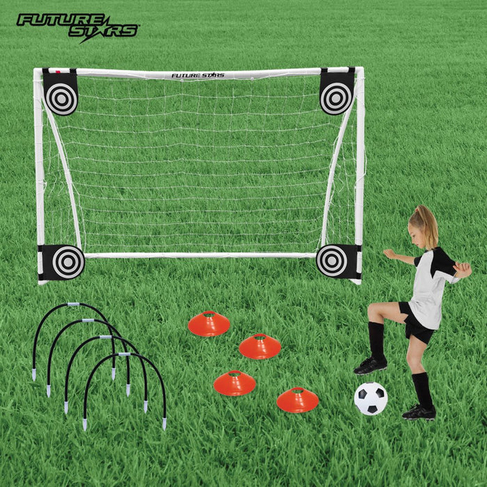 Future Stars 6 Ft. Super Soccer Goal Combo Set - 1 6Ft Soccer Net, 1 Junior Soccer Ball, 4 Targets, 4 Cones, 4 Arches and Pump with Pin! Instant Soccer Game in a Box!