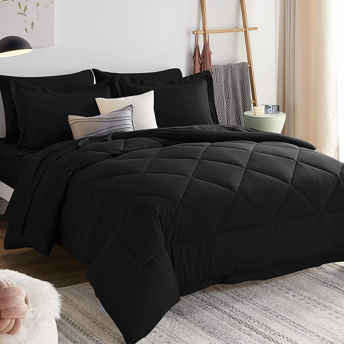 Queen Comforter Set with Sheets 7 Pieces Bed in a Bag Black All Season Bedding Sets with Comforter, Pillow Shams, Flat Sheet, Fitted Sheet and Pillowcases