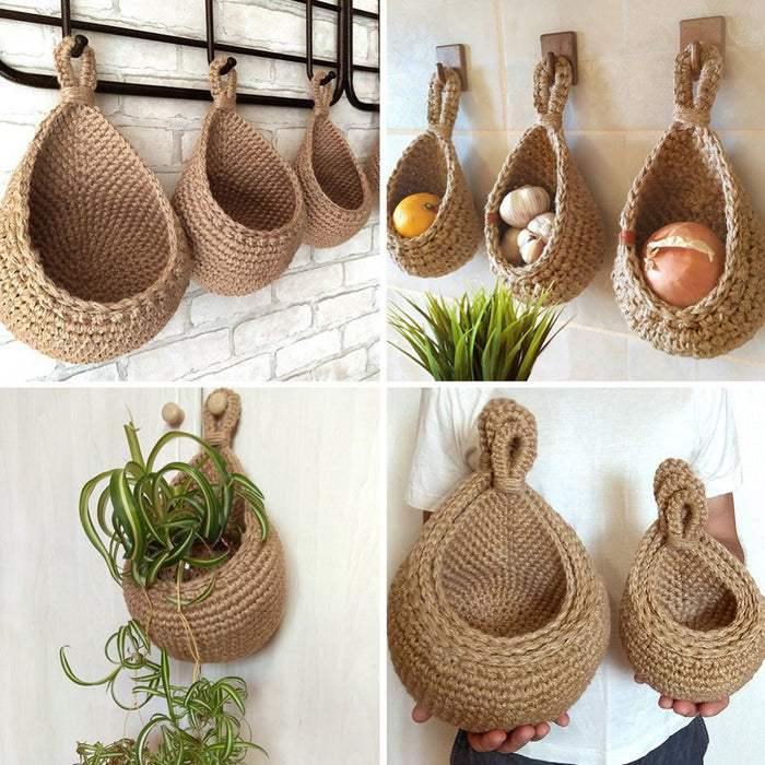 Handmade Woven Hanging Vegetable Fruit Basket Teardrop Shaped Hanging Wall Basket Home Kitchen Storage Holder