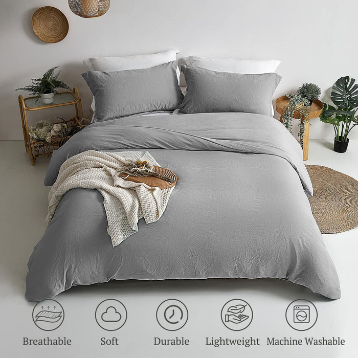 Duvet Cover Queen Size - Super Soft Gray Duvet Cover Set 3 Piece 100% Washed Microfiber Comforter Cover Set Bedding Set with Zipper Closure, 1 Duvet Cover 90X90 Inches and 2 Pillow Shams