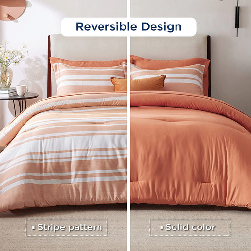 Bedsure Bed in a Bag Full Size 7-Piece Burnt Orange White Striped Bedding Comforter Sets All Season Bed Set, 2 Pillow Shams, Flat Sheet, Fitted Sheet and 2 Pillowcases