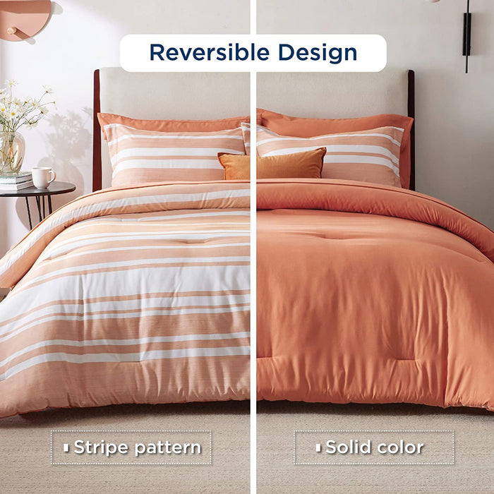 Bedsure Bed in a Bag Full Size 7-Piece Burnt Orange White Striped Bedding Comforter Sets All Season Bed Set, 2 Pillow Shams, Flat Sheet, Fitted Sheet and 2 Pillowcases